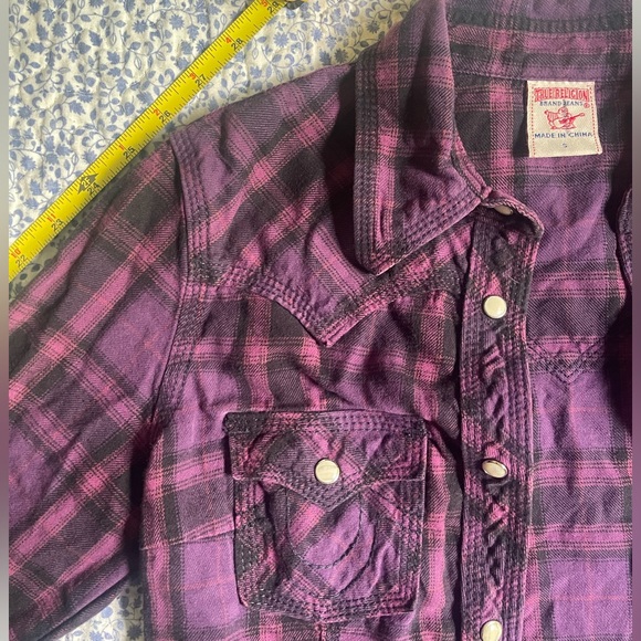 TRUE RELIGION Western Pearl Snap Purple Plaid Size W Small - Picture 7 of 13